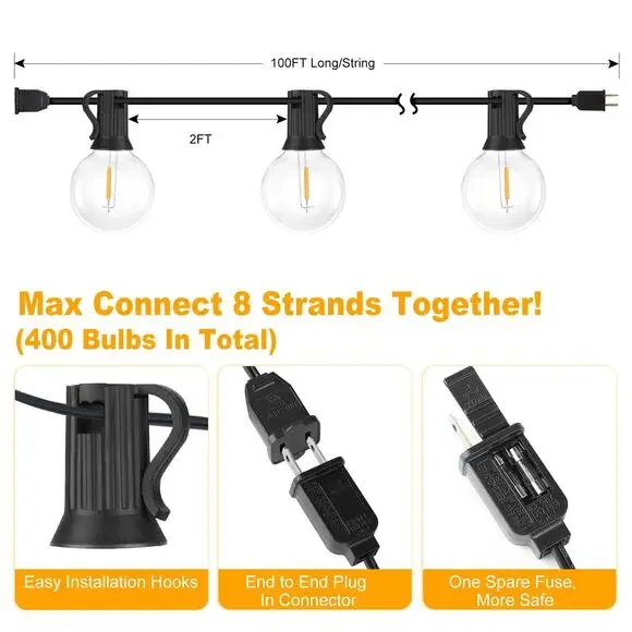 Outdoor G40 LED Globe String Lights 200ft (100feet *2) Waterproof Shatterproof